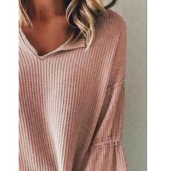 #5 Boho Pink Bell Sleeve Ribbed Top - Picture 2 of 3